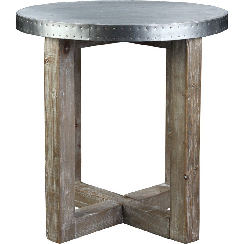 Wood Round Accent Table in White Wash and Zinc Top Silver-Burnham Home Designs