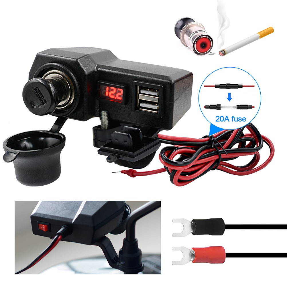 Waterproof 5V 3.4A Motorcycle Dual USB Phone Charger 10V-24V with Voltage Display Voltmeter with On Off Switch with Cigar lighter for Phones GPS (Black)