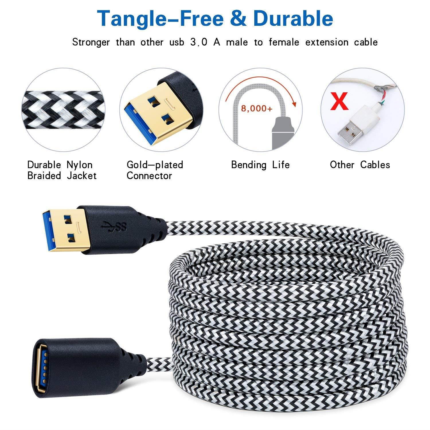 USB 3.0 Extension Cord, Besgoods 2-Pack Braided 6ft USB Extension Cable - A Male to A Female Extender Cable for Mouse, USB Flash Drive, Keyboard, Printer and more, White