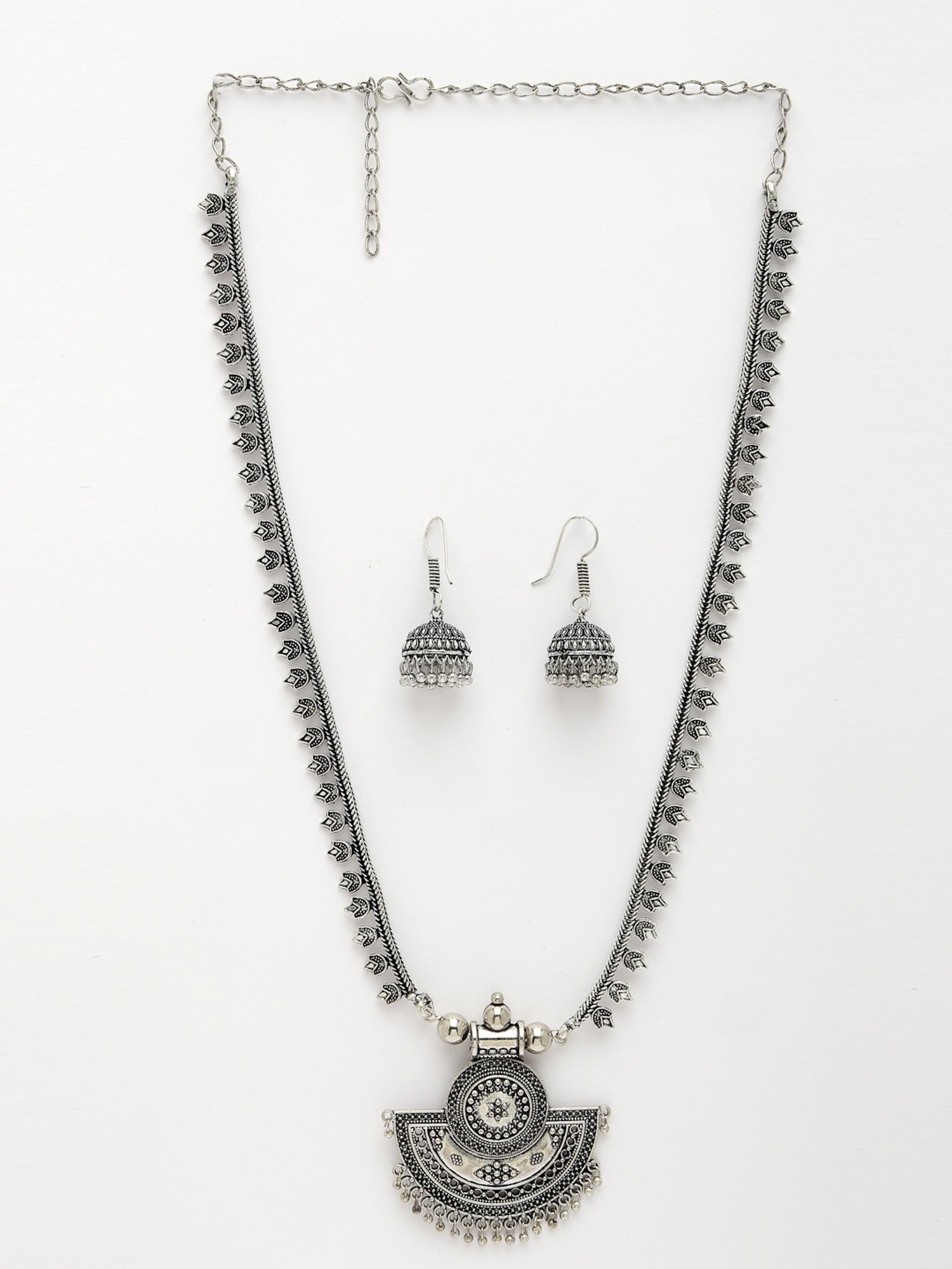 NVR Women Silver-Toned Oxidized Necklace with Jhumki Earrings
