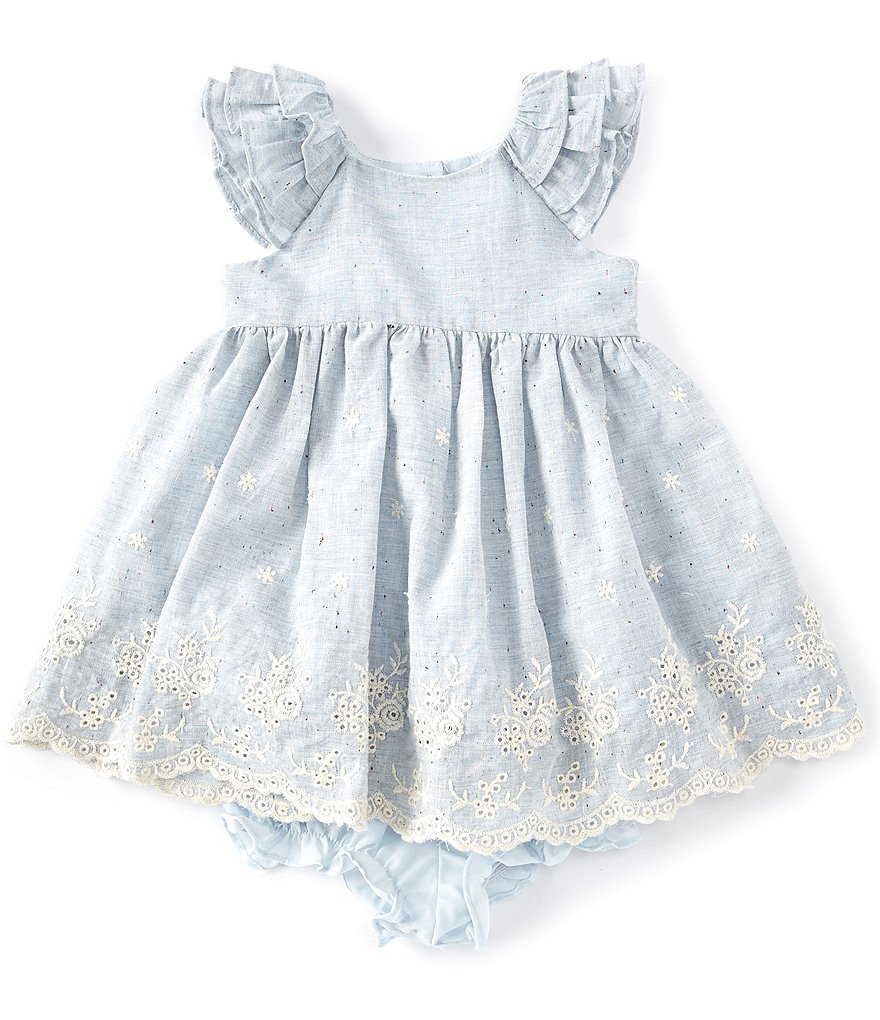 Laura Ashley Baby Girls Newborn-24 Months Ruffle-Sleeve Chambray Embroidered-Hem Fit-And-Flare Dress