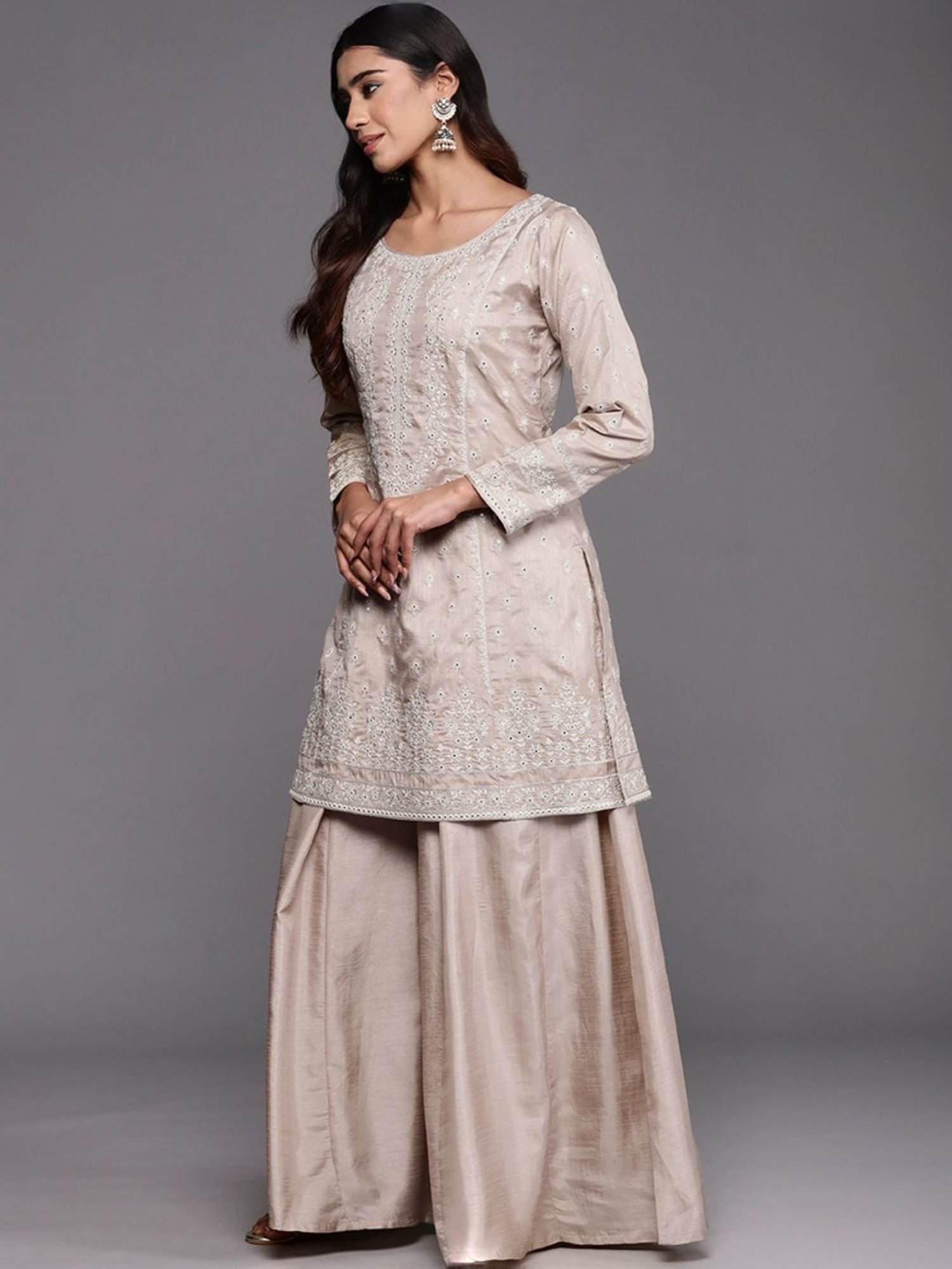 Libas Art Beige Embroidered Kurti Palazzo Set With Dupatta