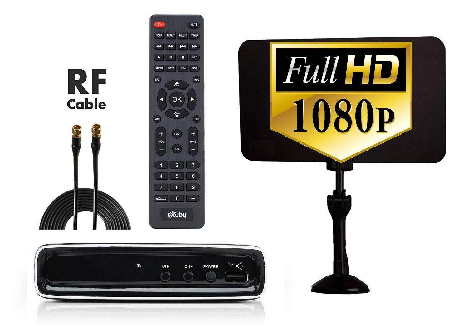 Exuby Digital Converter Box for TV, Flat Antenna and Coaxial Cable for Over The Air TV - No Subscriptions Needed - Instant & Scheduled Recording, 1080P HD 7 Day Guide & LCD Screen