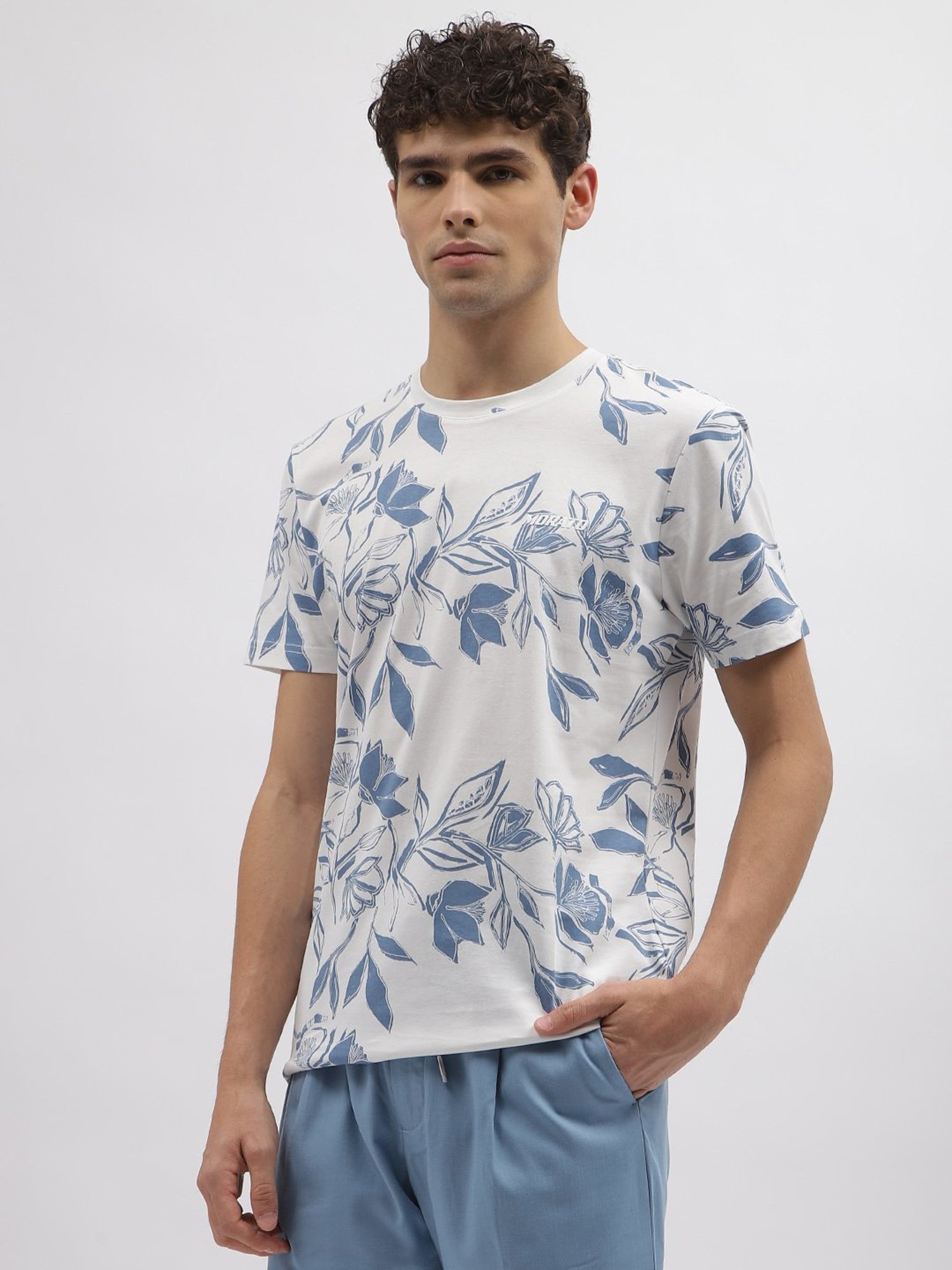 Antony Morato Blue Cotton Regular Fit Printed T-Shirt
