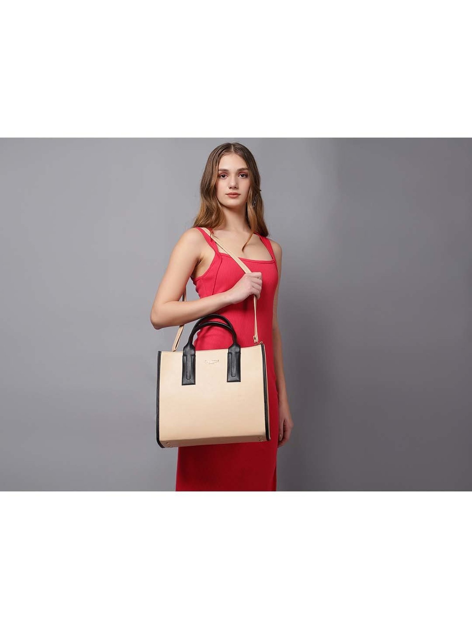 Carlton London Beige & Black Color Block Medium Handbag