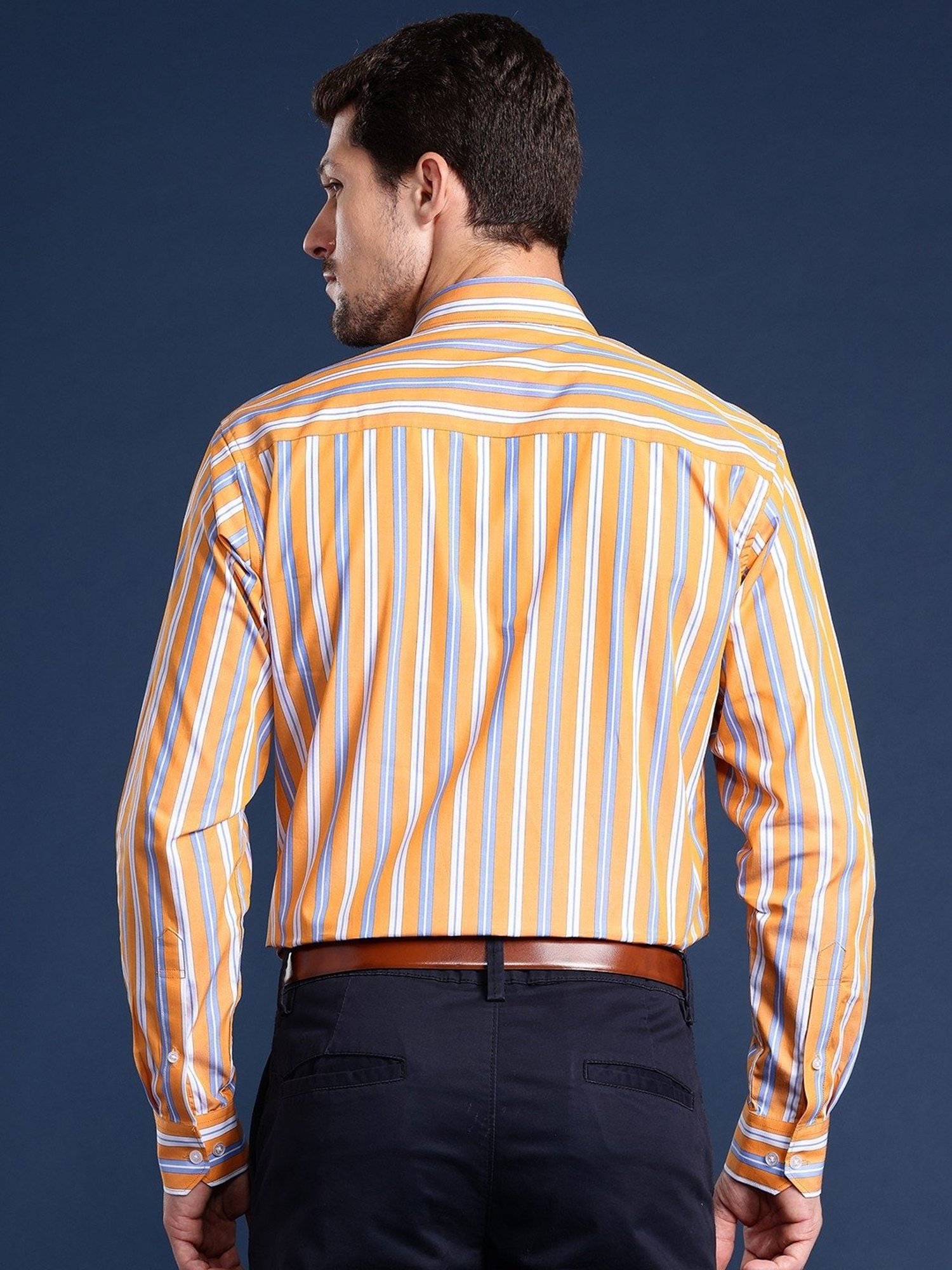 Hancock Yellow Cotton Slim Fit Stripes Shirts