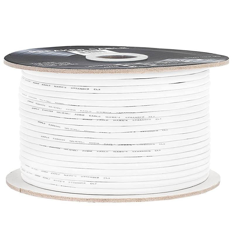 250FT 16AWG Speaker Wire Cable with 4 Conductor Speaker Cable (CCA) Copper Clad Aluminum CL2 Rated In-Wall Speaker Wire for Home Theater & Car Audio - 250 Feet, White
