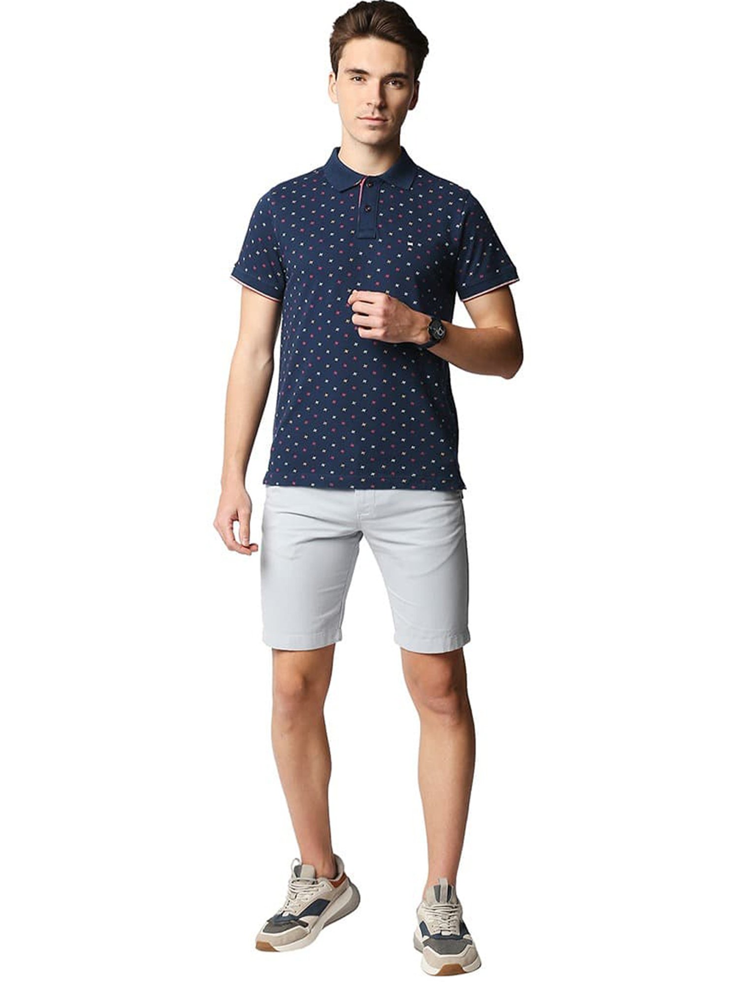 Basics Pageant Blue Cotton Muscle Fit Printed Polo T-Shirt