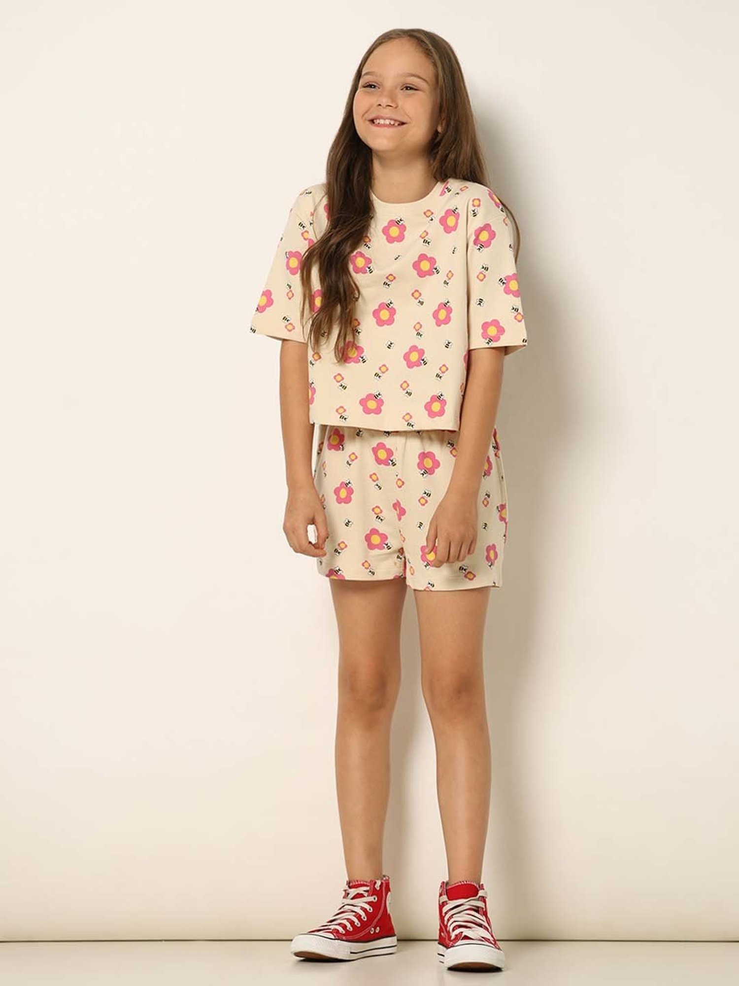 VERO MODA GIRL Cream & Pink Cotton Floral Print T-Shirt