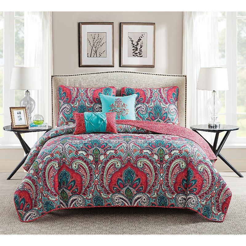 VCNY Home Casa Re'al Coral/Aqua Reversible Quilt Set - Multicolored 4 Piece Twin - Twin XL