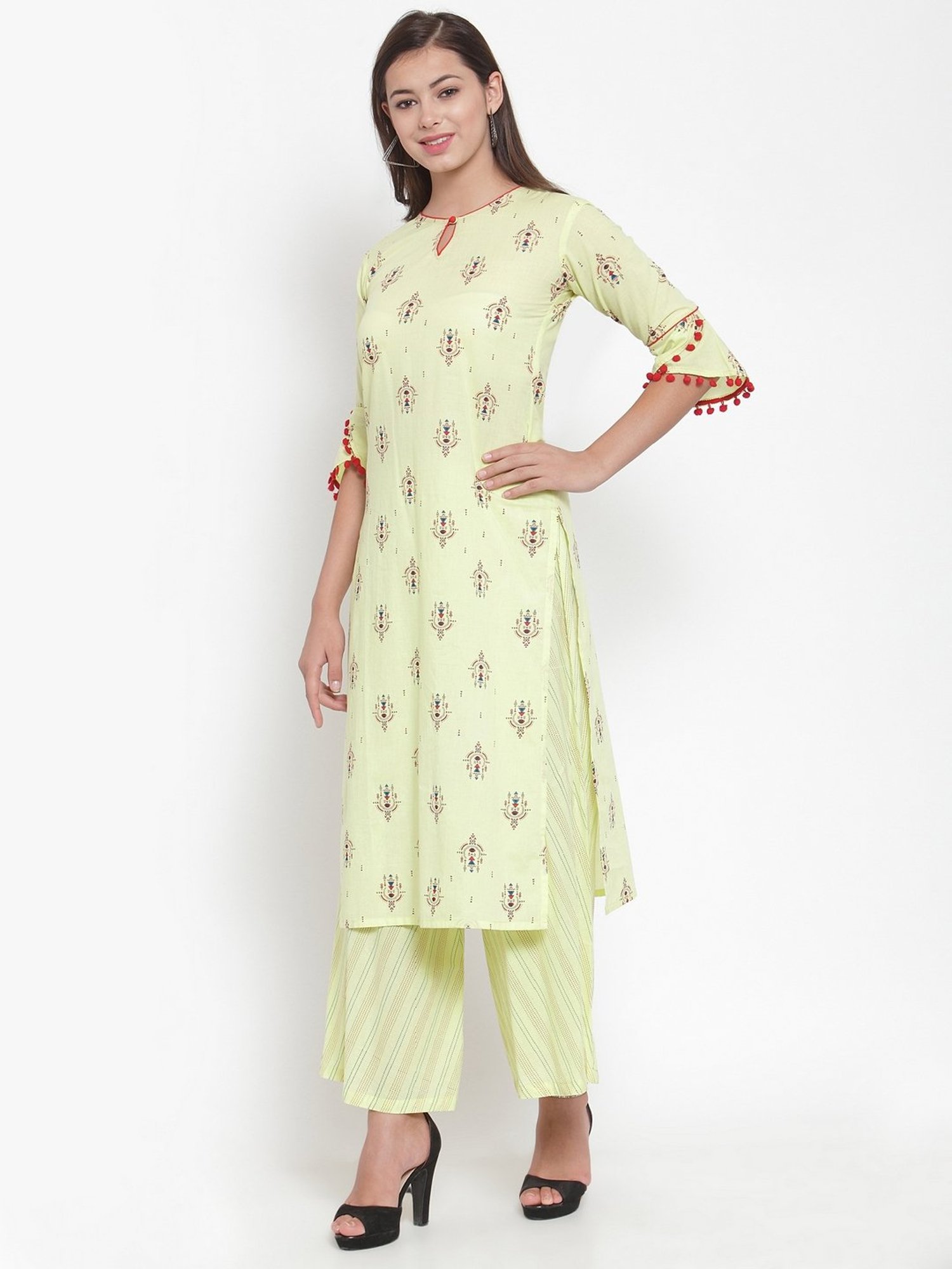 Indibelle Lime Yellow Cotton Printed Straight Kurta