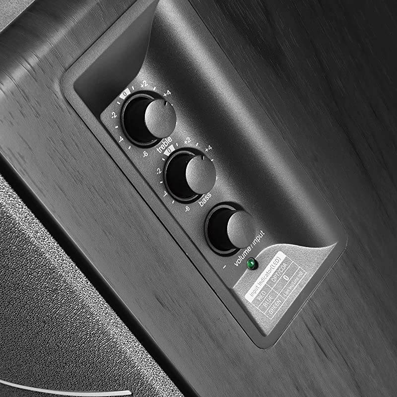 R1280DB Powered Bluetooth Bookshelf Speakers Optical Input Wireless Studio Monitors 4 Inch Near Field Speaker 42W RMS Wood Grain Black