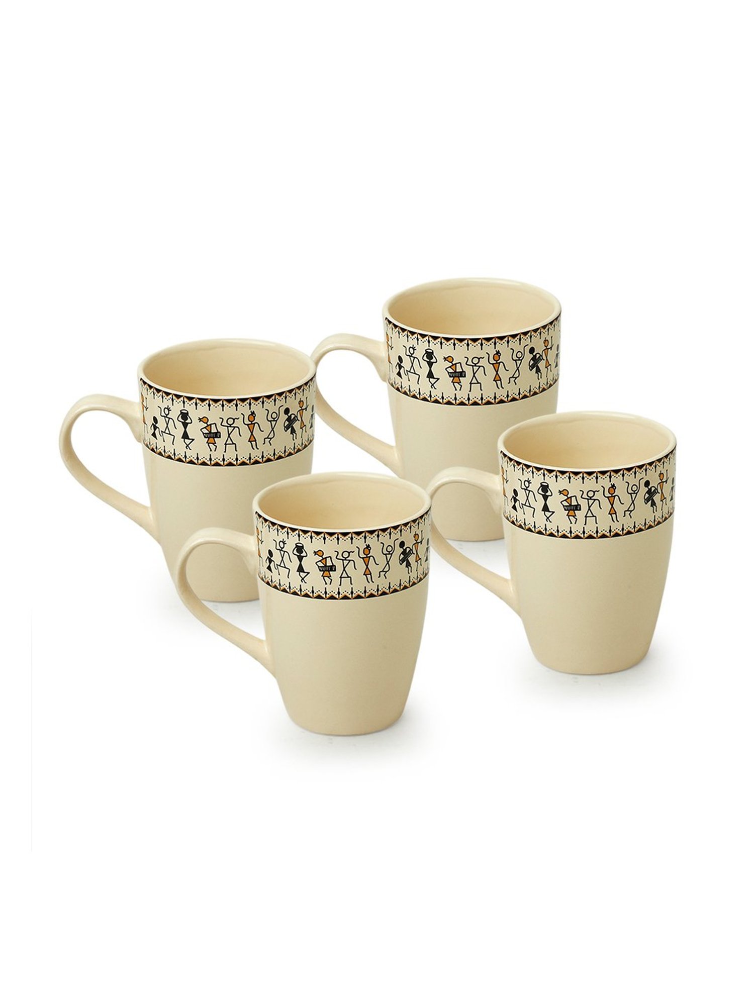 ExclusiveLane Ivory White & Black Ceramic Coffee Mugs - Set of 4 (300ml)