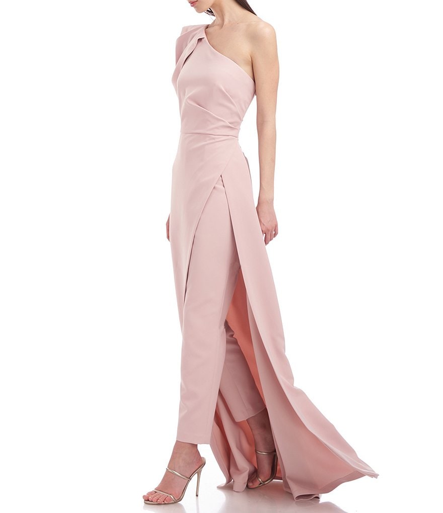 Kay Unger Bijou One-Shoulder Neck Short Elbow Sleeve Stretch Crepe Walk-Through Jumpsuit