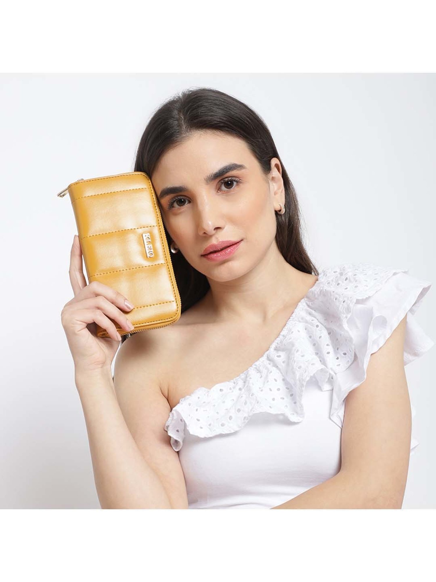 KLEIO Mustard Quilted Zip Around Wallet for Women