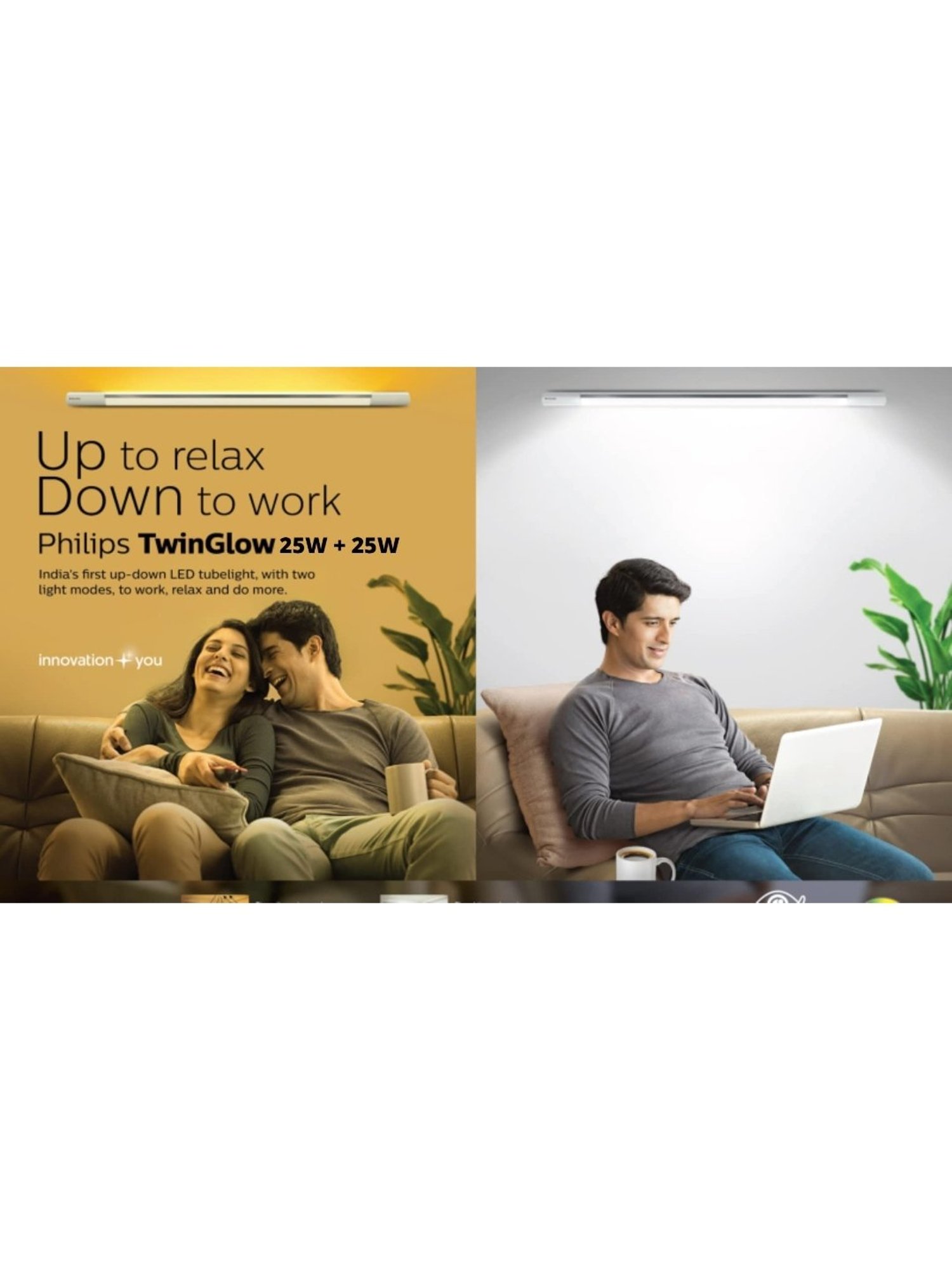 Philips Twin Glow 25-Watt plus 25-Watt LED Up-Down Batten Tubelight Pack of 4 - (Yellow & White)