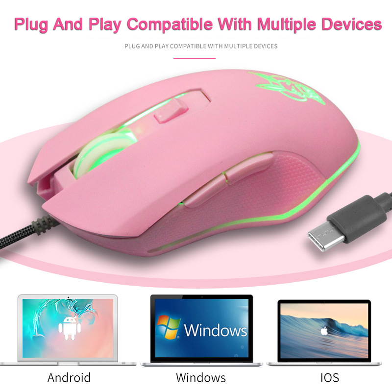 Type-C/USB-C Cute Rabbit LED Dimmer Mute Wired Mouse 2400DPI 6-button Ergonomic Design Mice For Office And Game