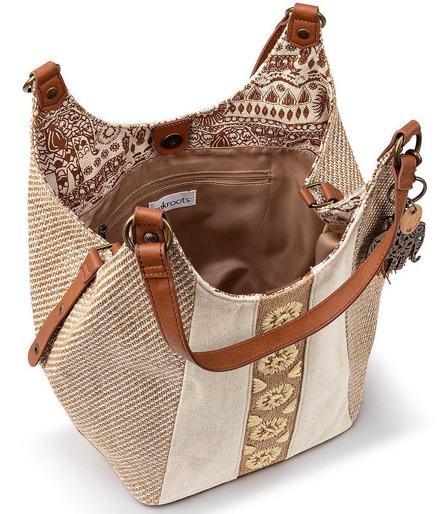 Sakroots Roma Straw Canvas Snap Floral Hobo Tassel Bag