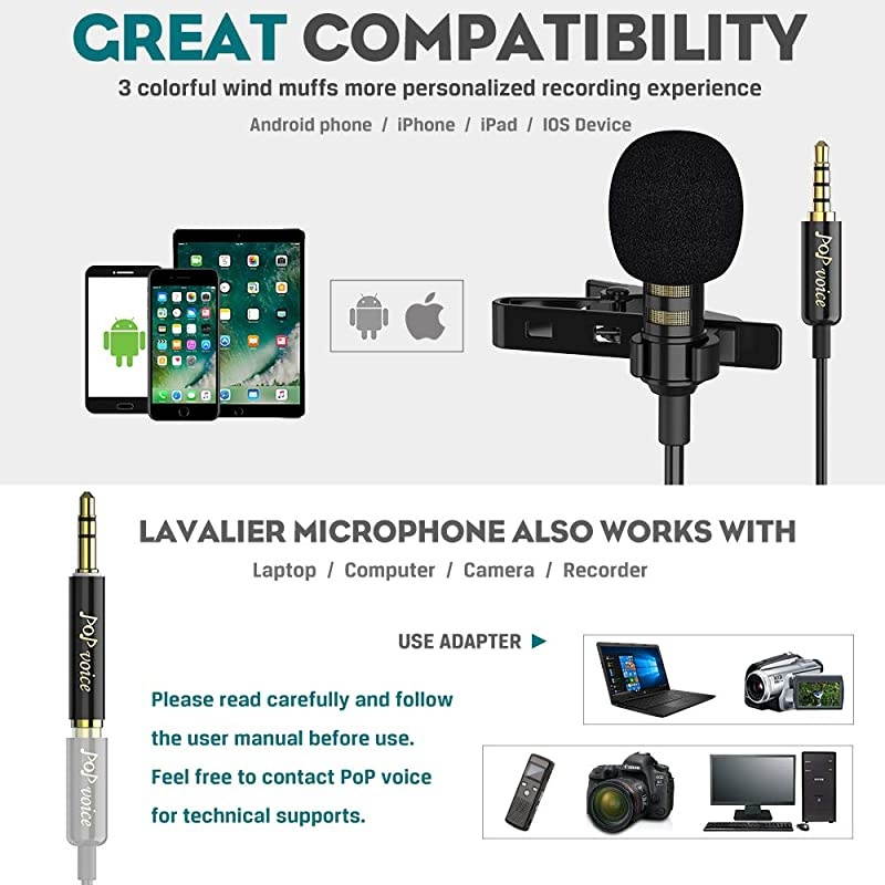 Upgraded Lavalier Lapel Microphone Omnidirectional Condenser Mic for Apple iPhone iPad Mac Android Smartphones Youtube Interview Studio Video RecordingNoise Cancelling Mic