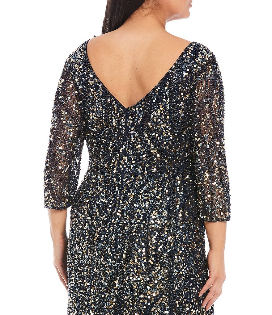 Pisarro Nights Plus Size Sequin Mesh 3/4 Sleeve Gown