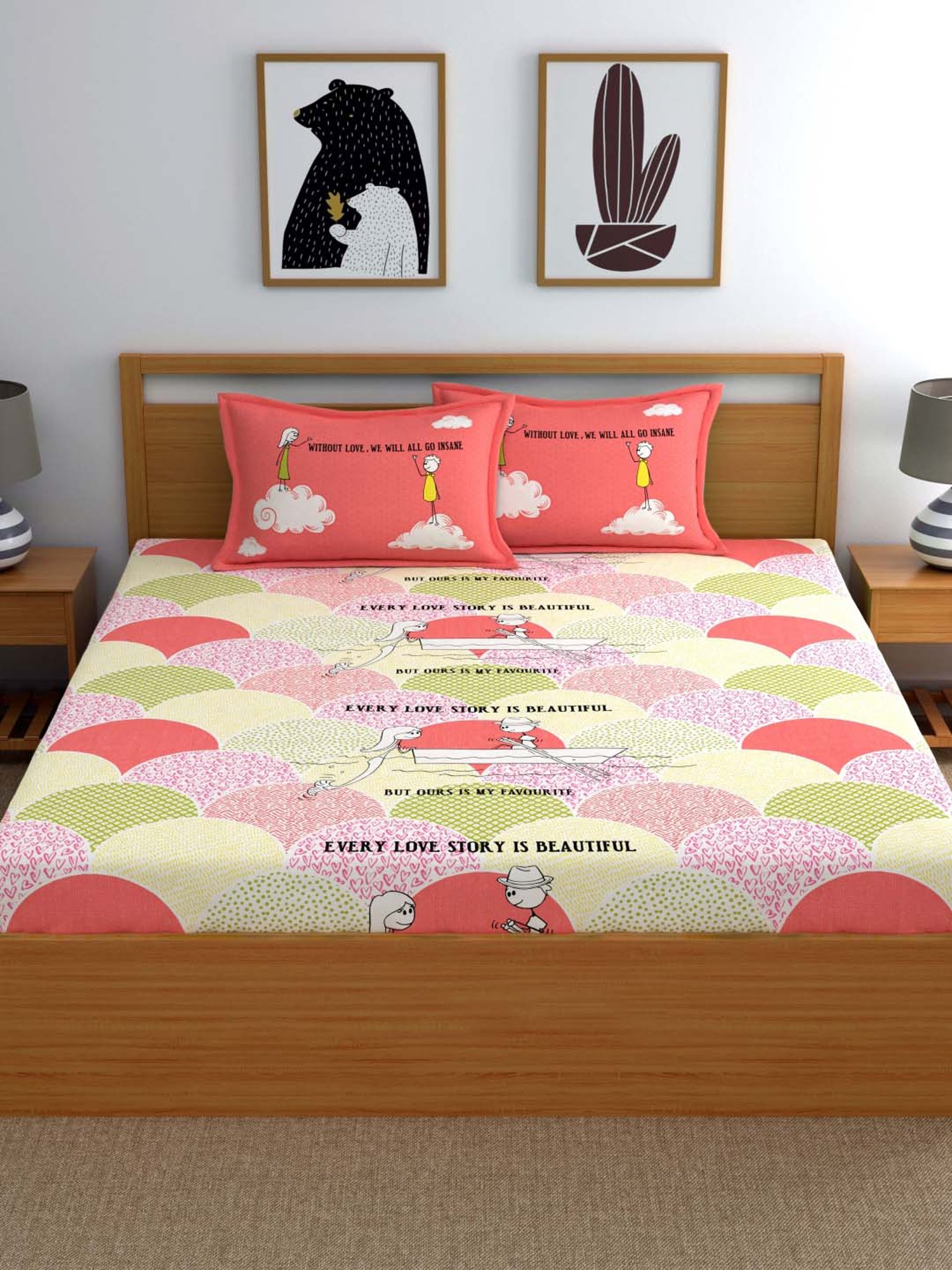 My Room Peach & Green 210 TC Cotton Bed Sheet Set