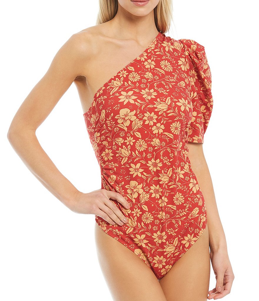 Free People Somethin Bout You Floral One Shoulder Puff Sleeve Bodysuit