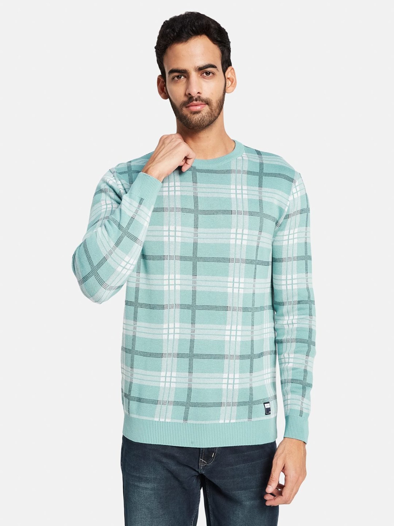 METTLE Light Teal Cotton Regular Fit Checks Sweater