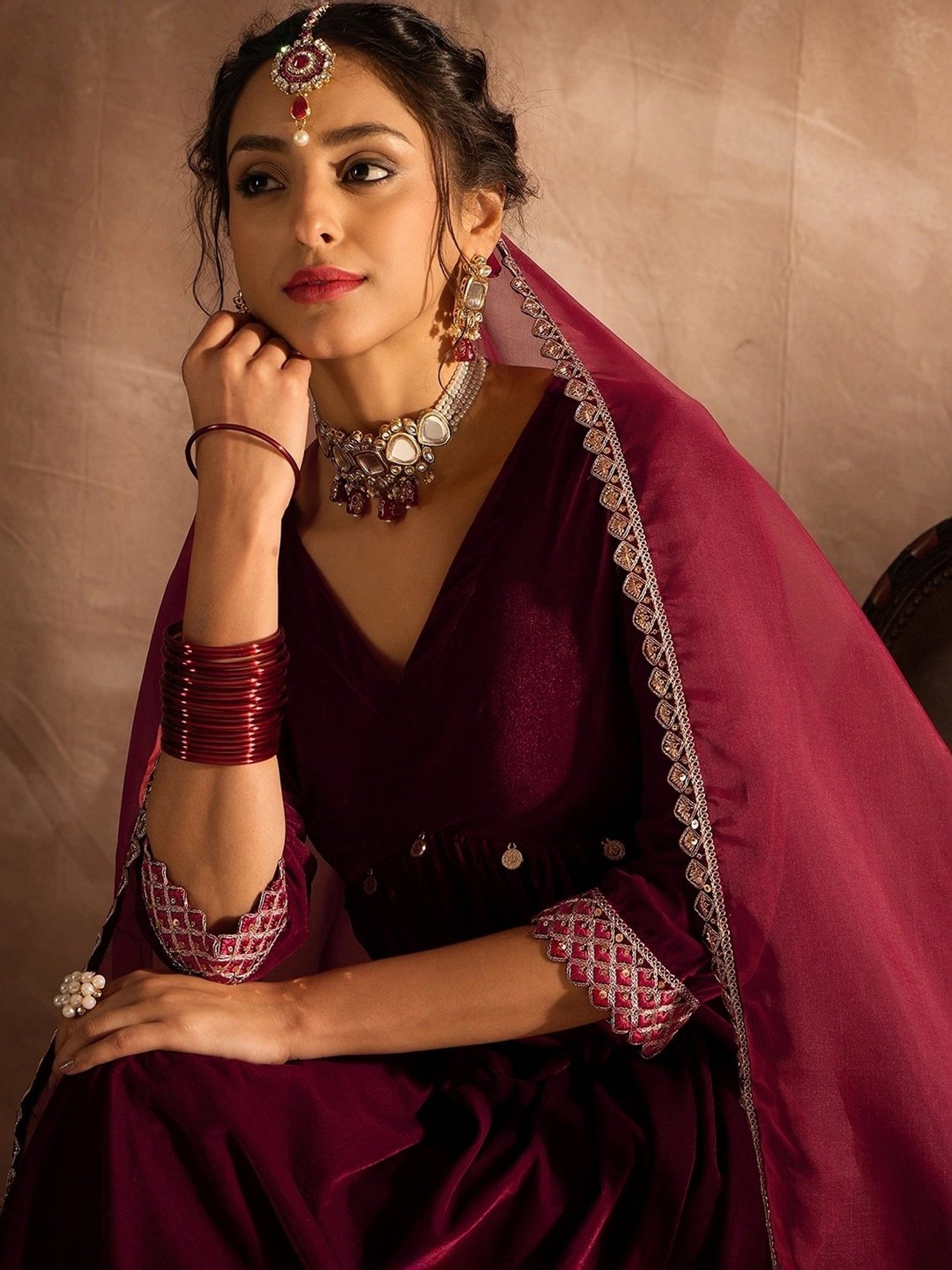 Indo Era Maroon Embellished Kurta Pant Set With Dupatta