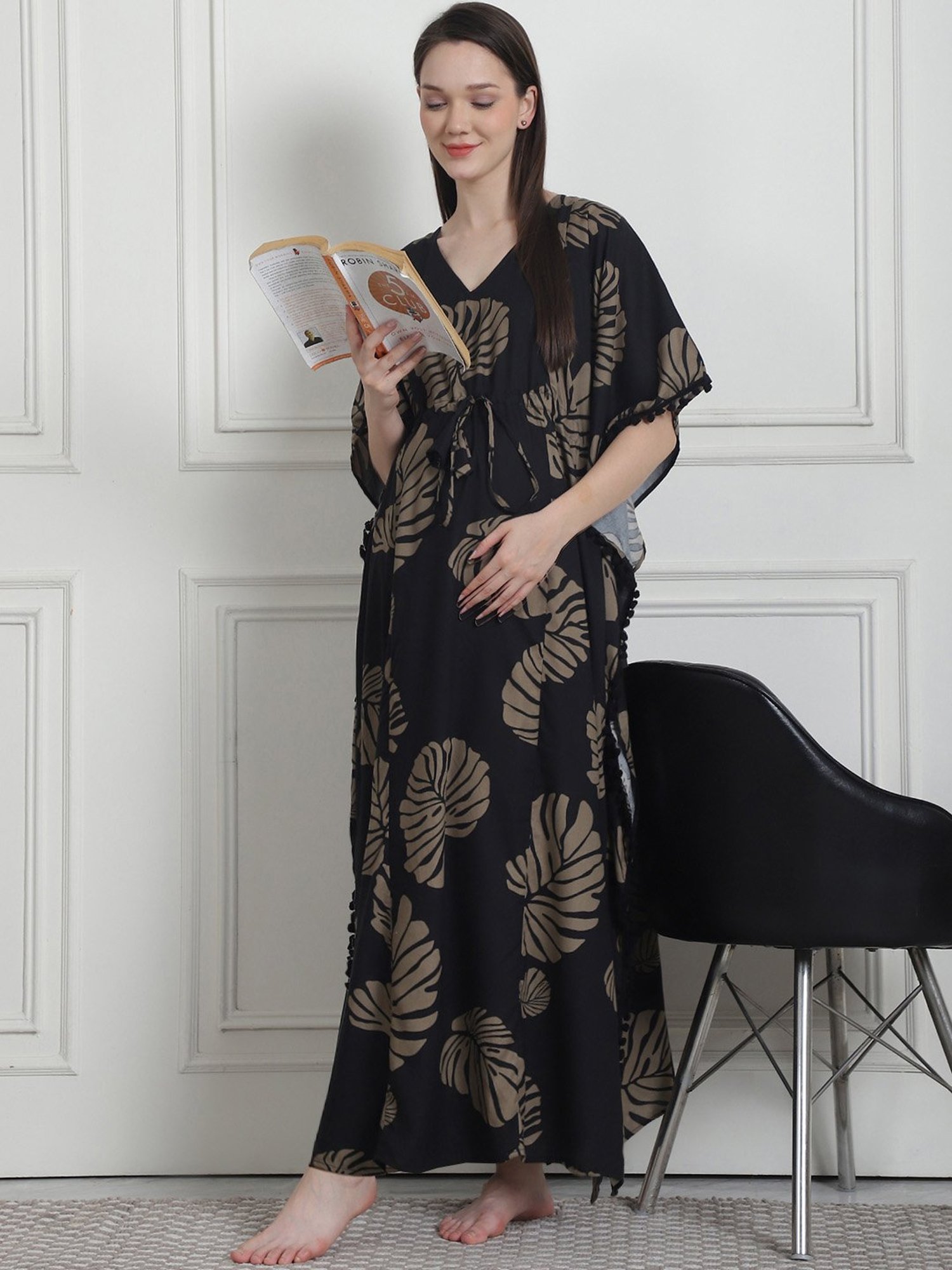 Secret Wish Black Floral Print Maternity Kaftan Nighty