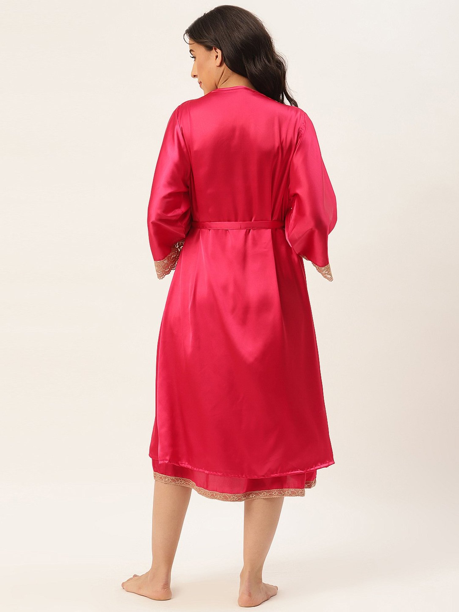 Ms.Lingies Pink Lace Work Nightwear With Robe