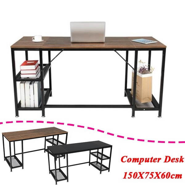 UKCOCO 59" Gaming Desk Computer Desk Home Office Desk Work Table Study Writing Table Workstation Desk with double shelf black for Home Office Furniture Wood Color