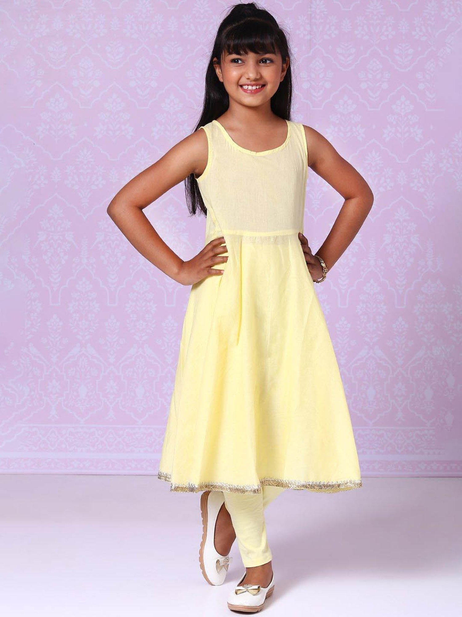 BIBA Girls Yellow Embroidered Anarkali, Leggings with Dupatta