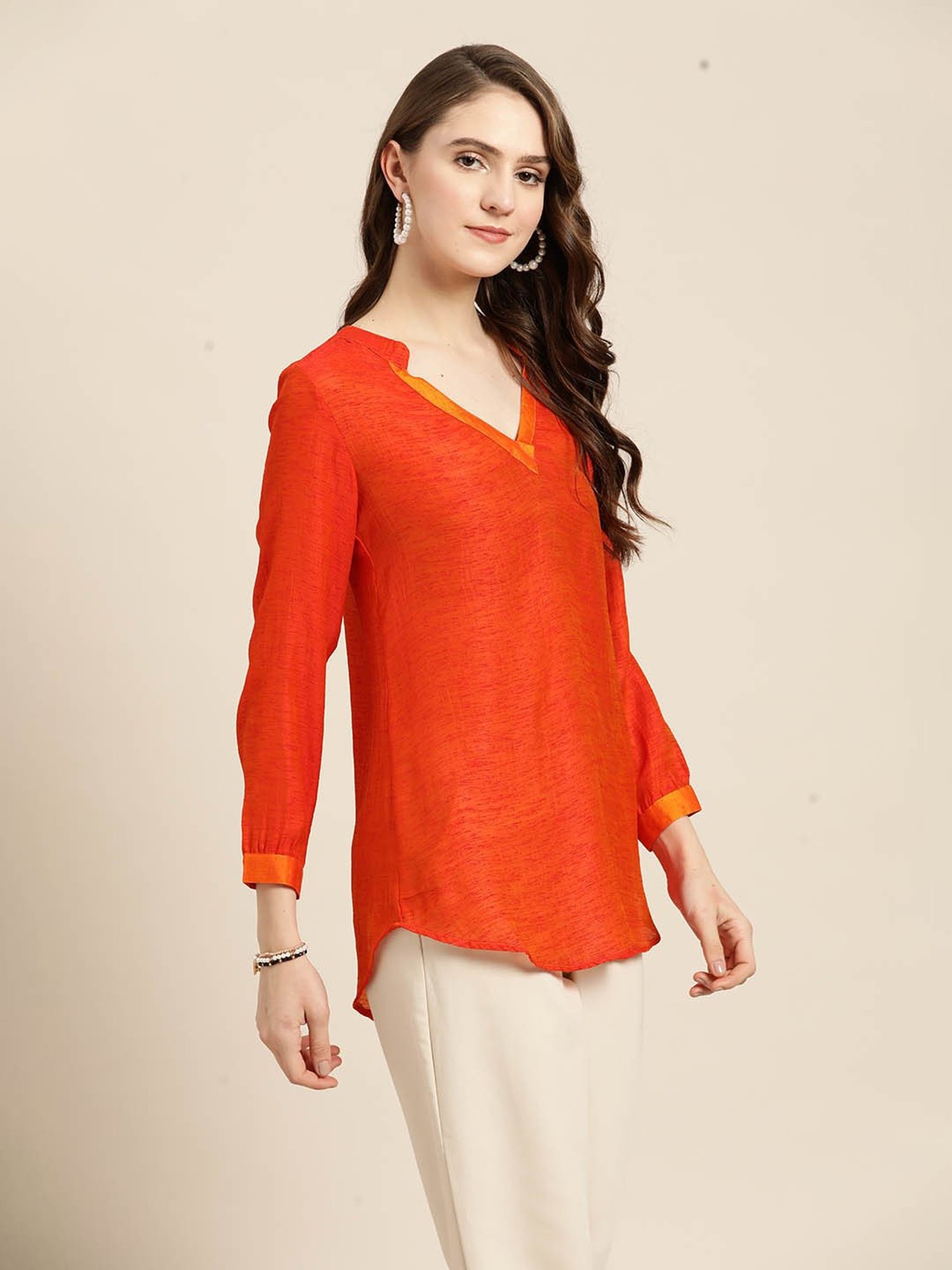 Qurvii Orange Silk Regular Fit Top