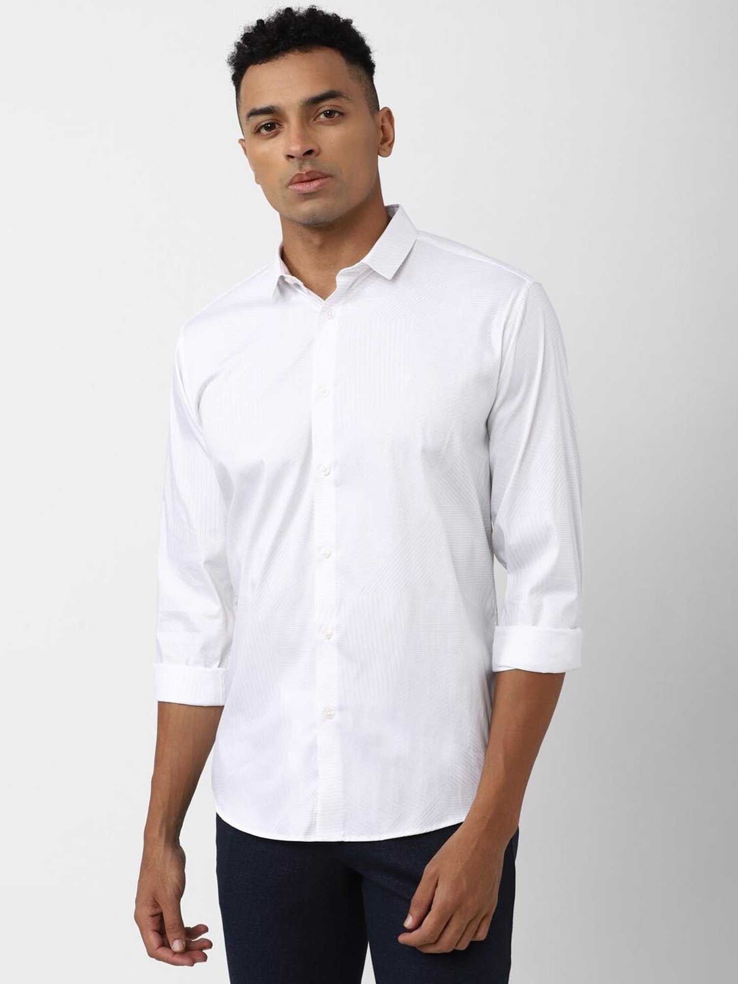 V Dot White Slim Fit Self Pattern Shirt
