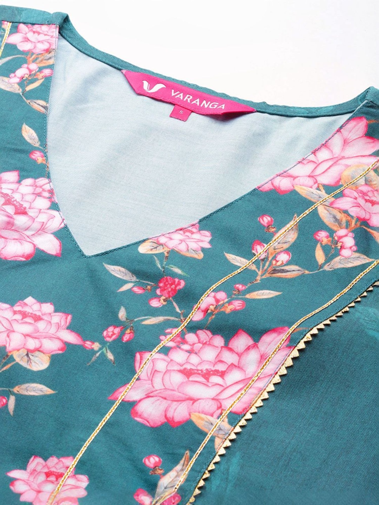 Varanga Teal Blue Floral Print Kurta Pant Set With Dupatta