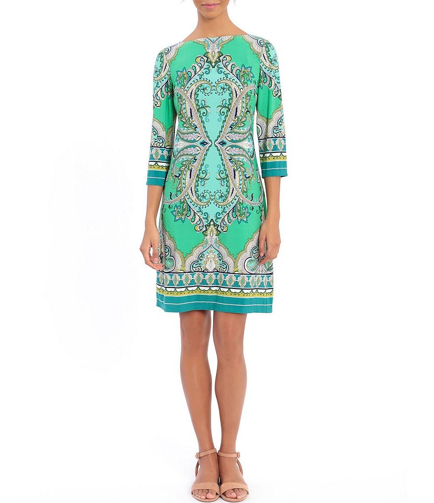 London Times Printed Jersey 3/4 Sleeve Boat Neck Shift Dress