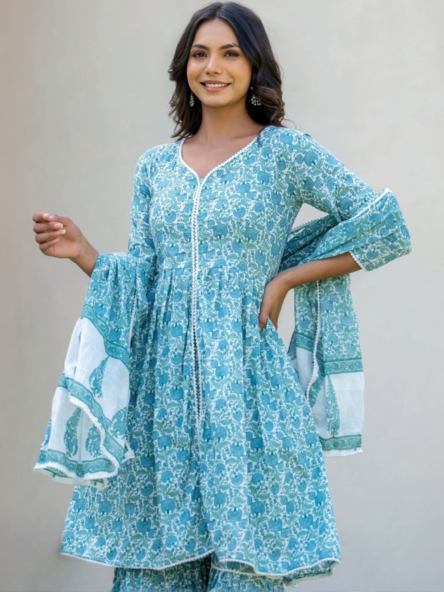 HOUSE OF JAMOTI Blue Cotton Printed Short Kurti Sharara Set With Dupatta