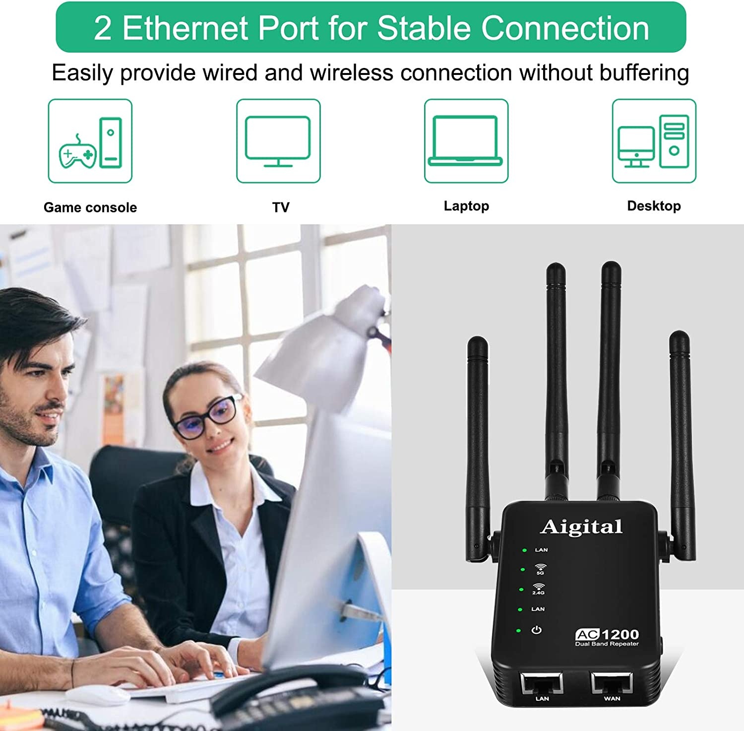 Aigital WiFi Repeater Extender 1200mbps WiFi Range Extender Dual Band 2.4G&5G Wireless Extender with 2 Ethernet Ports Router & Reapter & AP Mode-Covers 32 Devices with 4 External Advanced Antennas