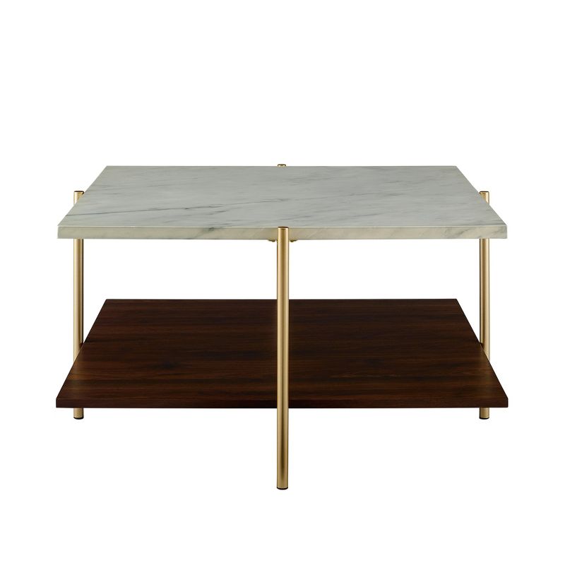 Mid Century Modern Glam Square Coffee Table Faux White Marble Dark Walnut/Gold - Saracina Home