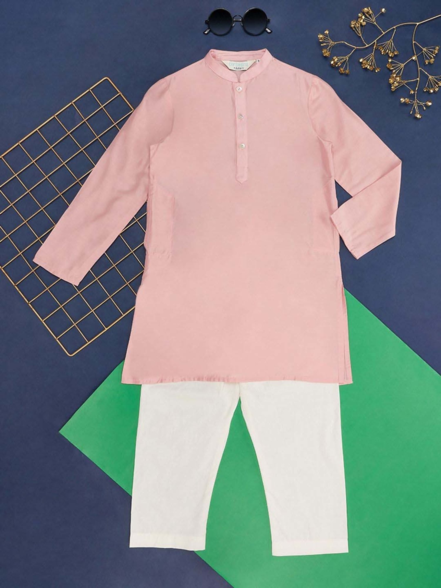 Indus Route by Pantaloons Kids Pink & White Regular Fit Full Sleeves Kurta Set