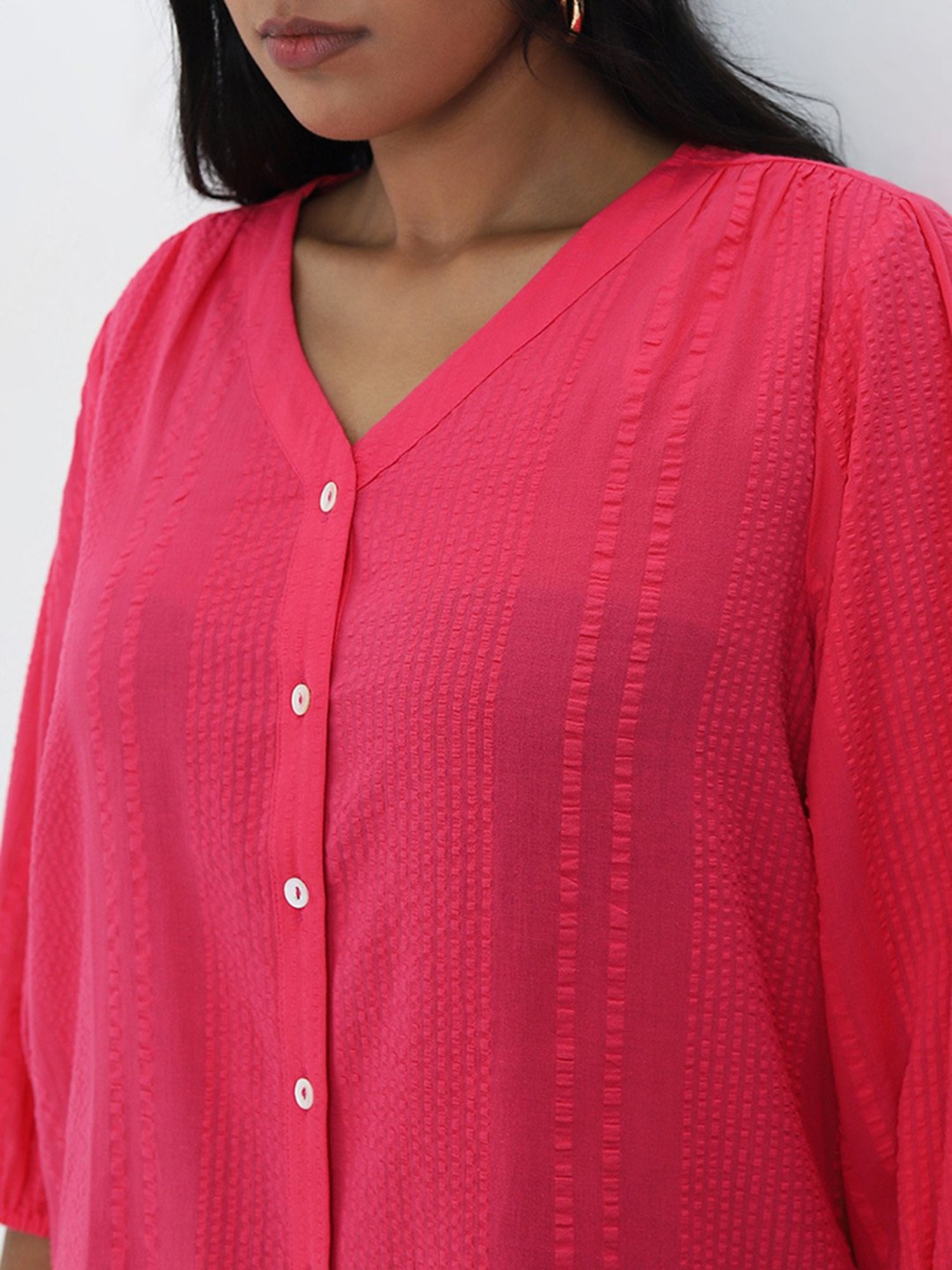 Gia by Westside Fuchsia Striped Seersucker Textured Blouse