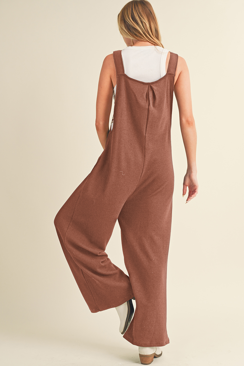 Rose Tan Solid Self Tied Straps Pleated Wide Leg Jumpsuit