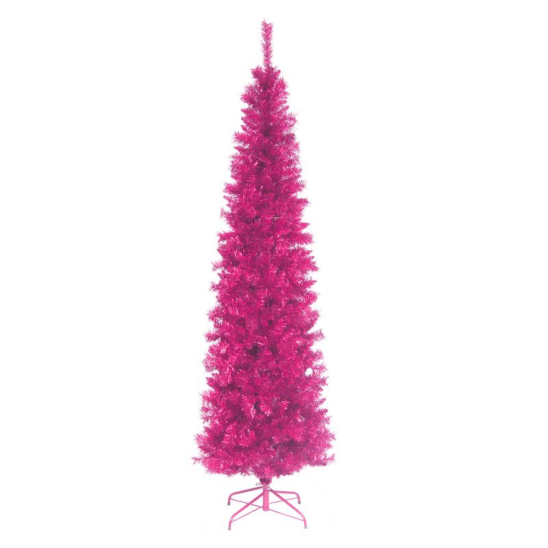 National Tree Company 6 Foot Unlit Pink Holiday Tinsel Christmas Tree Bundle with Twinkly Smart Decorations Custom 250 Bulb LED RGB+W String Lights