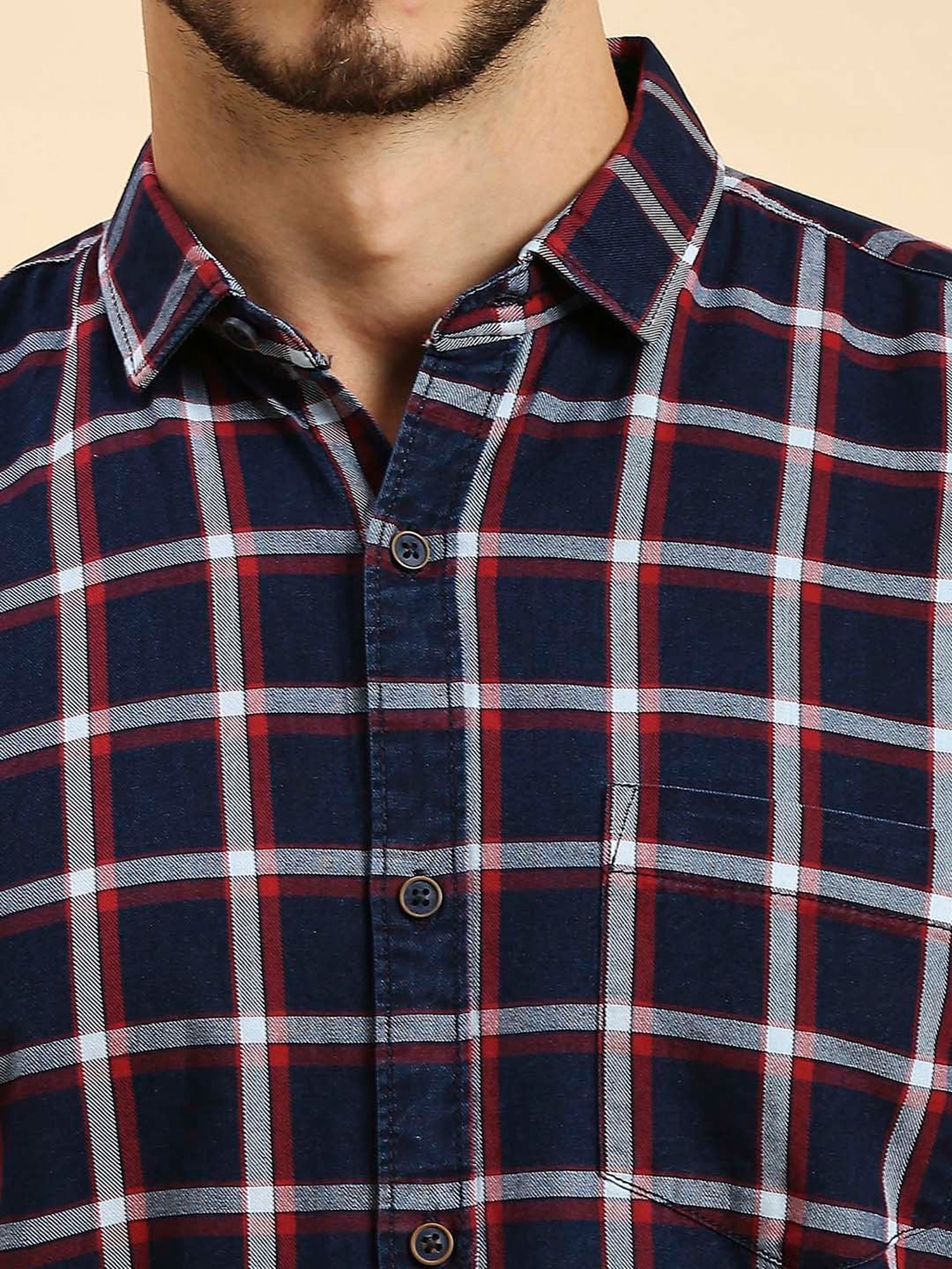HJ HASASI Navy Slim Fit Check Cotton Shirt