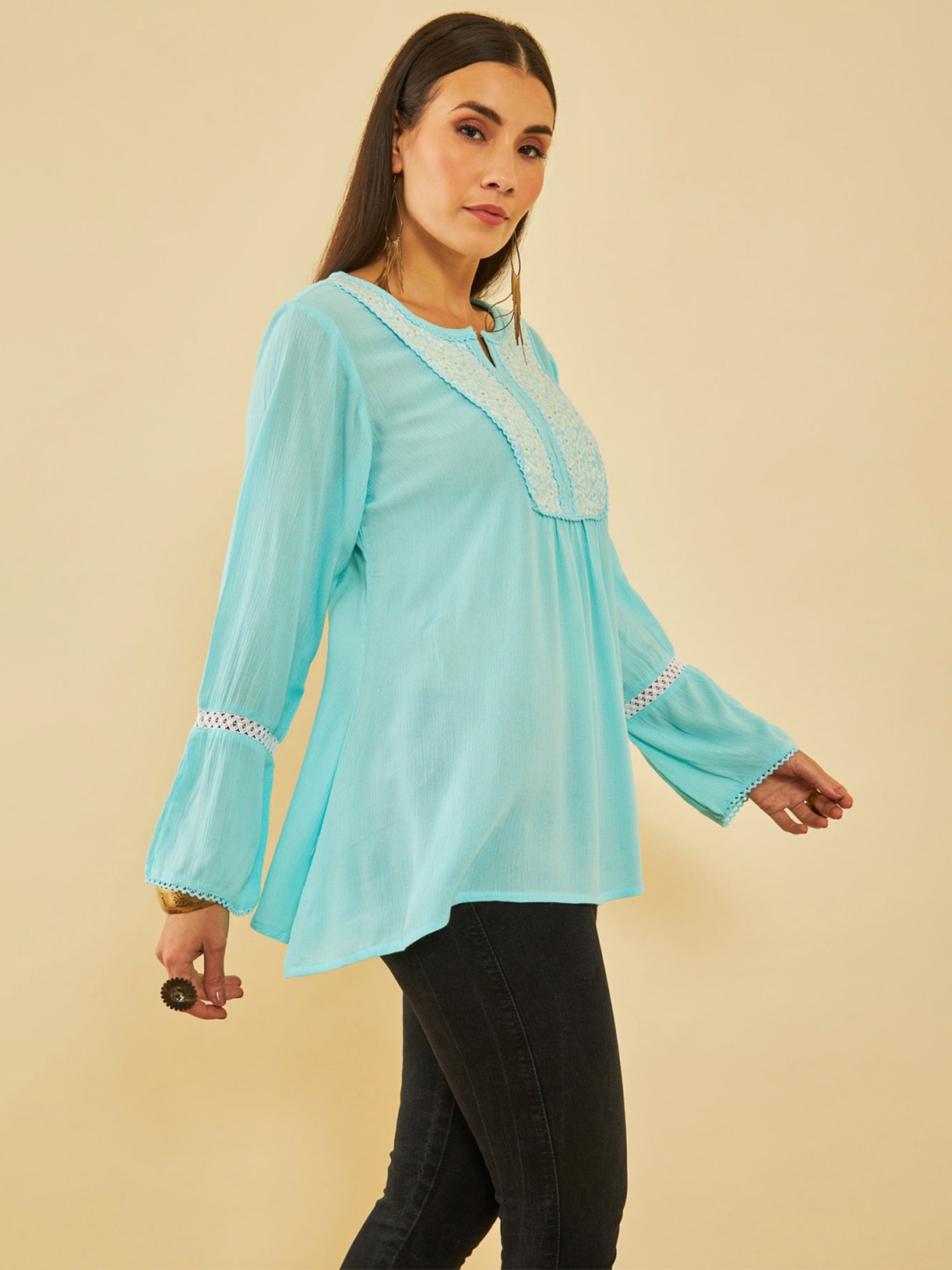 Soch Powder Blue Yoke Design Embroidery Tunic With Lace