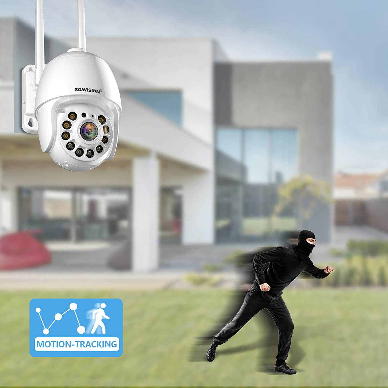 Security Camera Outdoor, Wireless WiFi IP Camera,Motion Detection, auto Tracking,2.4ghz Two Way Talk,HD 1080P pan Tile Full Color Night Vision Waterproof Outdoor Surveillance Boavision HD22M102M