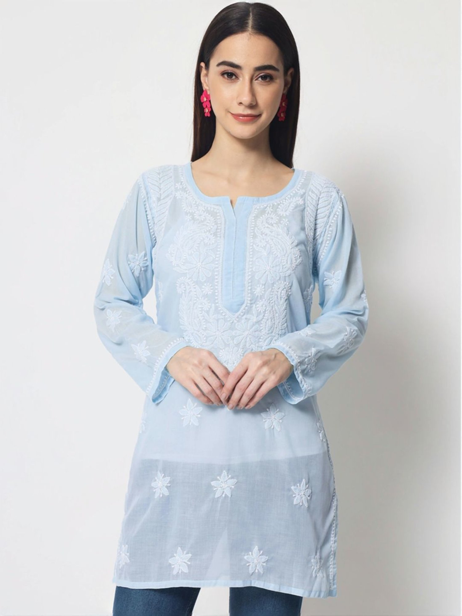 PARAMOUNT CHIKAN Blue Cotton Hand Embroidered Chikankari Straight Kurti