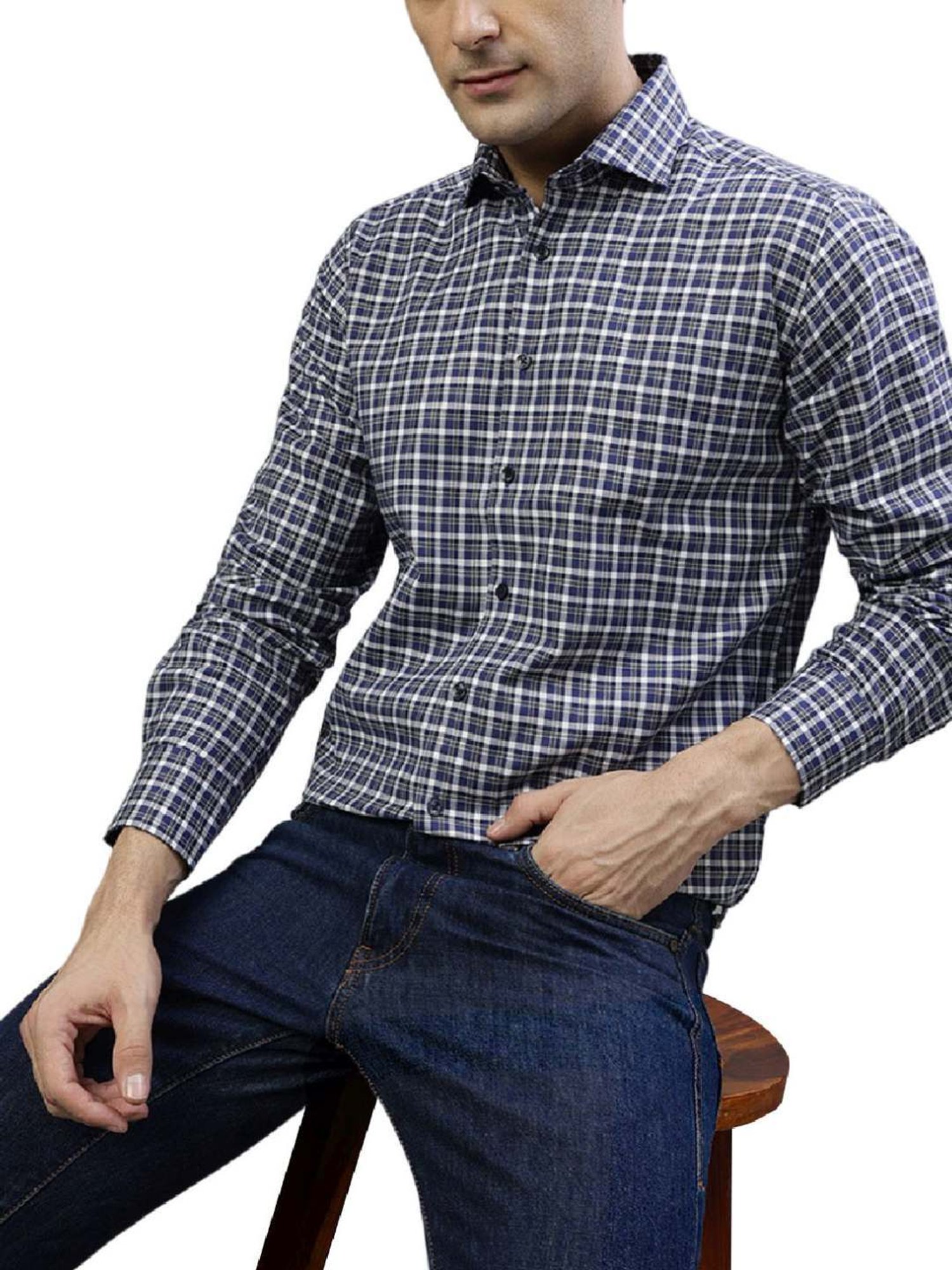 Bruun & Stengade Blue Cotton Regular Fit Checks Shirt