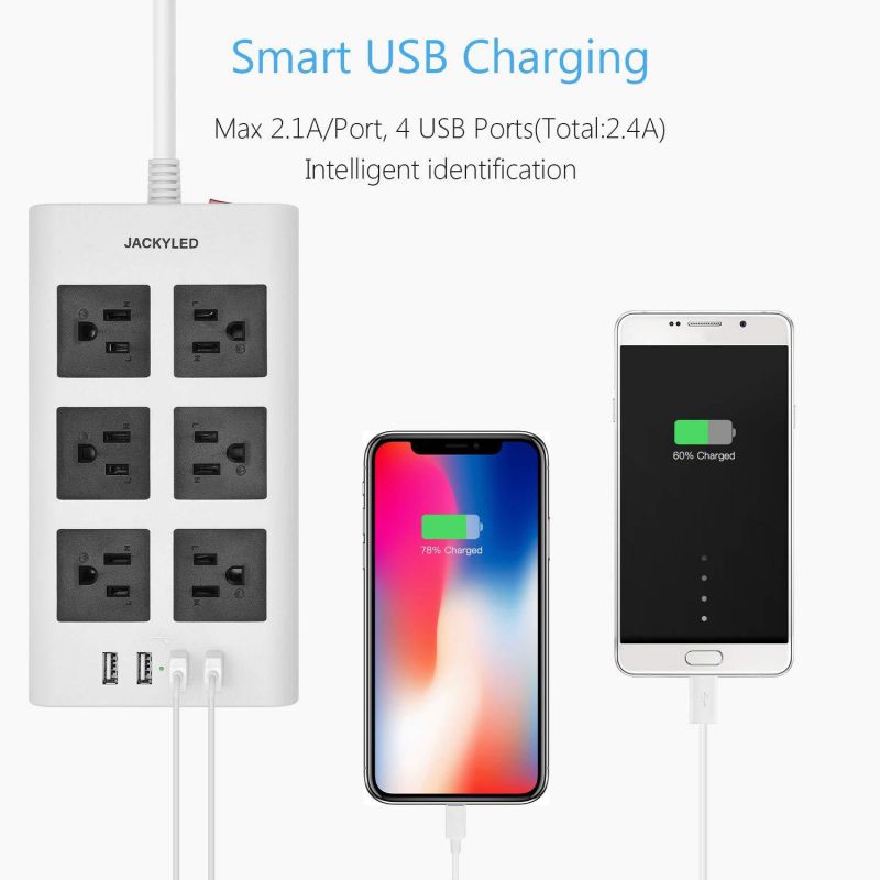 Power Strip 9.8ft Surge Protector Flat Plug 15A 14 AWG Long Extension Cord 6 AC Outlets 4 USB Ports Fast Charge Electric Outlet Fireproof Desktop Charger for iPhone iPad Laptop White