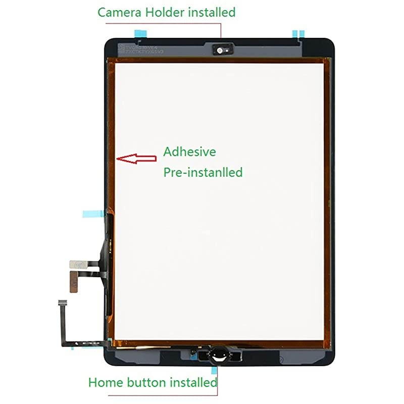 for iPad Air 1st Generation Touch Screen Digitizer Replacement Front Glass Assembly Includes Home Button + Camera Holder+PreInstalled Adhesive with Tools kitWhite